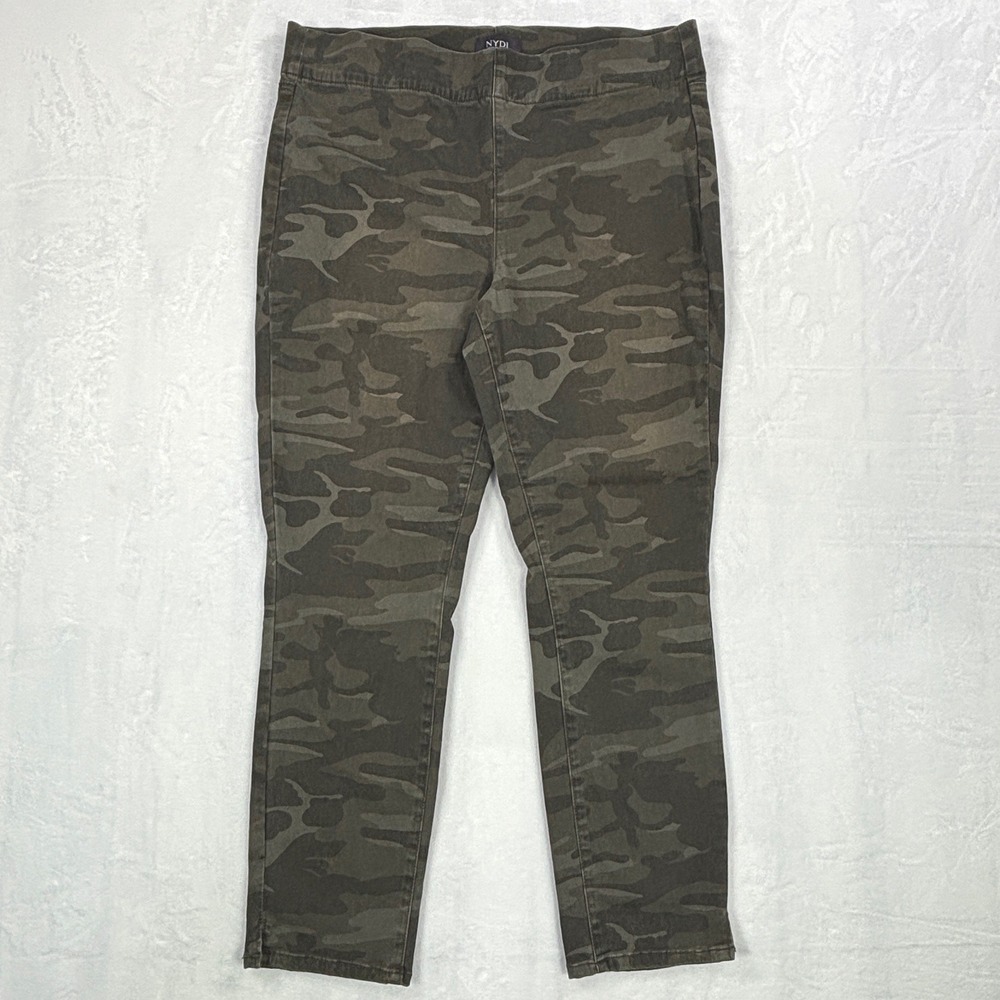 NYDJ Camo Lift Tuck Pull On Leggings Olive Green Camouflage Slim Pants Size 10